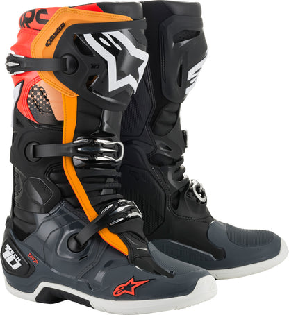 ALPINESTARS TECH 10 BOOTS BLK/GRY/ORG/FLUO RED SZ 10