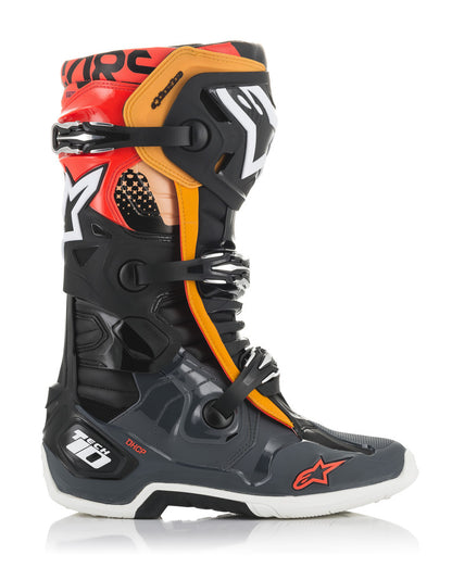 ALPINESTARS TECH 10 BOOTS BLK/GRY/ORG/FLUO RED SZ 10